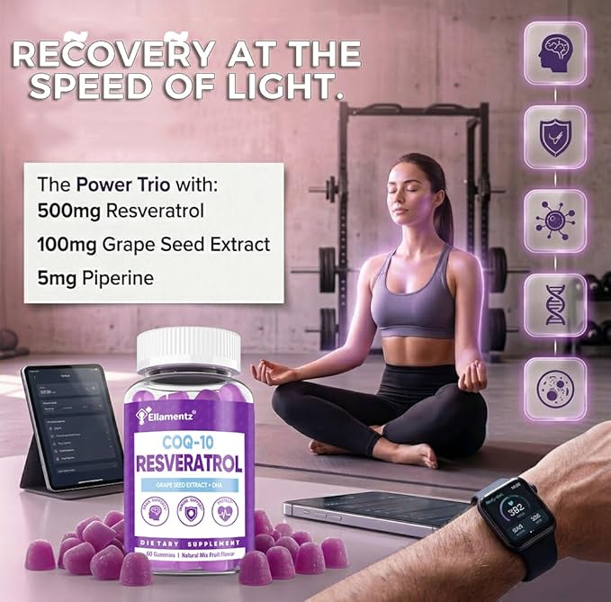 7-in-1 Trans-Resveratrol Gummies 500mg Complex - with CoQ10 DHA Vitamin C E &amp Grape Seed - Support Healthy Aging &amp Vitality - Zero Sugar Blueberry Flavor -120 Count (60-Day Supply / 2 Pack)