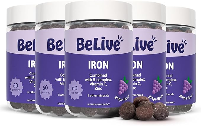 BeLive Iron Gummies - Multivitamin Iron Supplement with Vitamin C A B &amp Zinc Supports Blood Oxygen Vegan Supplements for Women Men &amp Kids for Growth and Development - Grape Flavor | 5-Pac