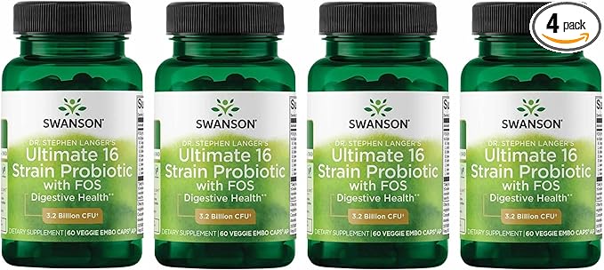 Swanson Dr. Stephen Langer's 16-Strain Probiotic with Prebiotic FOS for Gut-Health-Conscious Adults with 3.2 Billion CFU (60 Vegan Capsules 4 Pack)