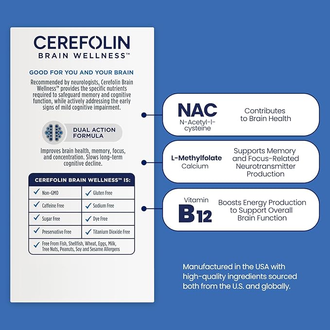 Brain Wellness Targeted Nutrition for Cognitive Support Improves Memory Focus &amp Concentration L-Methylfolate NAC B12 Neurologist Recommended (60 Count)