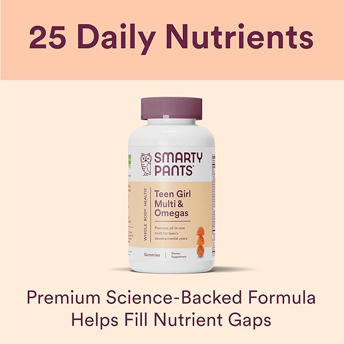 SmartyPants Teen Girl Multivitamin Gummies with Omega-3 Fish Oil (EPA/DHA) Vitamins C D3 B12 A K &amp Zinc Gluten-Free Includes Biotin for Hair Skin &amp Nails 120 Count (Pack of 2)
