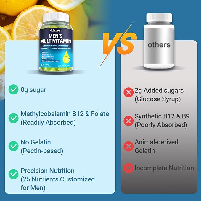Mens Multivitamins Gummies with Vitamins A C D K E B Complex Omega-3 Digestive Enzymes Lycopene Calcium Magnesium Zinc - Support Brain Muscle Energy Sugar Free Vegan 60Cts