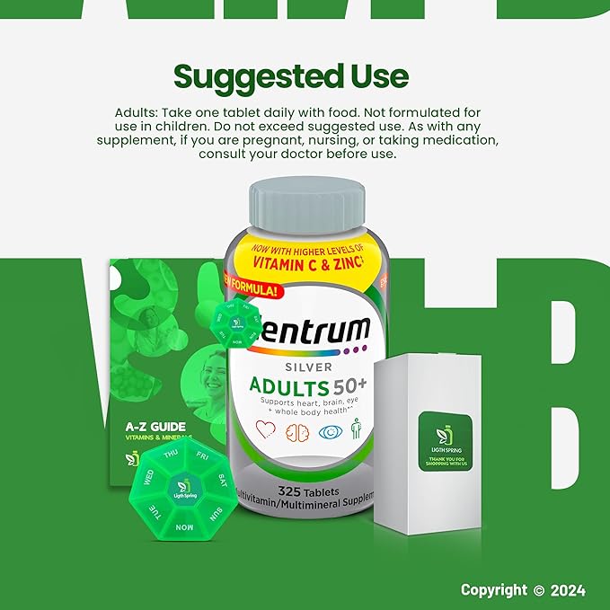 Multivitamin Silver Adults 50+ 325 Tablets with Bundle Exclusive Vitamins &amp Minerals - A to Z - Better Ligth&ampSpring Guide + Weekly Pill Organizer (3 Items)