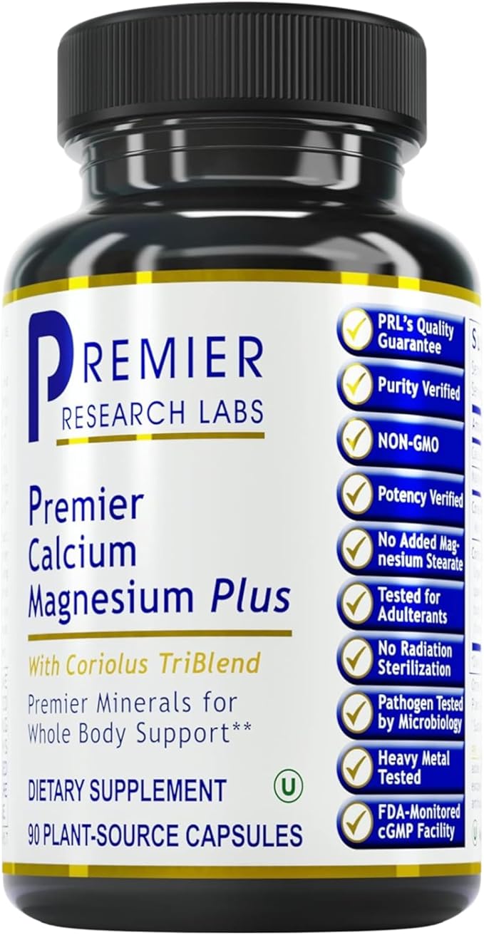 Premier Research Labs Calcium Magnesium Plus - Calcium Magnesium Supplement Calcium Supplement for Bone Health with Mushroom Complex - Reishi &amp Lions Mane - 90 Vegetarian Capsules