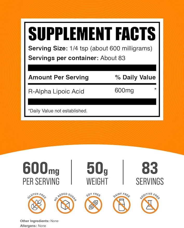BulkSupplements.com R-Alpha Lipoic Acid Powder - R-ALA Supplement R Alpha Lipoic Acid 600mg - Antioxidants Supplement Gluten Free 600mg per Serving 50g (1.76 oz) (Pack of 1)