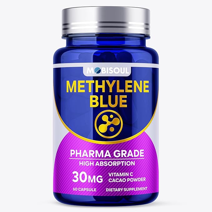 Methylene Blue Capsules 30mg USP Pharma Grade Methylene Blue Supplement with Vitamin C &amp Organic Cacao High Absorption Support - 60 Capsules