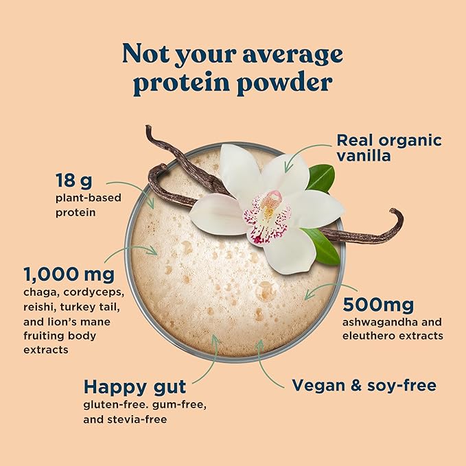 Four Sigmatic Organic Plant-Based Protein Powder Bundle with Peanut Butter Vanilla Flavors Mushrooms and Adaptogens | 21.16 oz