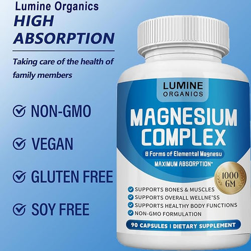 2PCSLumine Organics Magnesium Complex Magnesium Complex for Women Supplement 1000mg - Advanced 8-in-1 Magnesium Blend - GlycinateCitrateMalateTaurate90 Capsules (2)