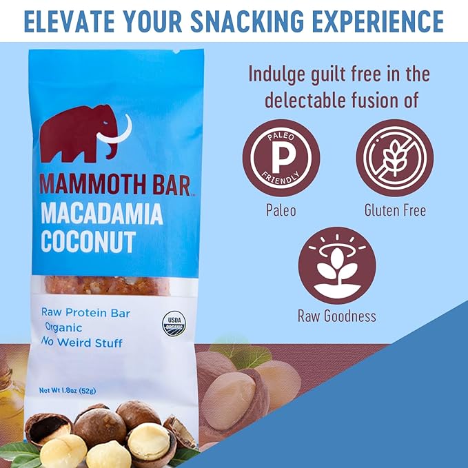 Mammoth Bar 20 pack saver bundle - 10 Macadamia Coconut &amp 10 Goji Berry Trail Mix Bars -Organic Protein Bars – Prebiotic • Gluten Free • Egg Protein • GMO Free • Raw • Premium Nuts