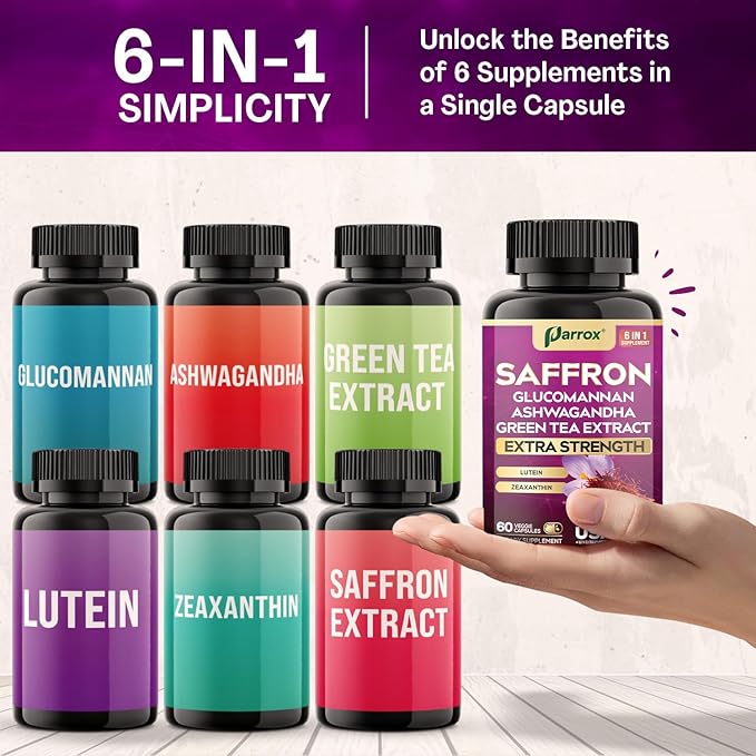 Saffron Supplement with Glucomannan Ashwagandha Green Tea Extract Zeaxanthin &amp Lutein Vision Support &amp Daily Wellness Formula Extra Strength Plant-Based Capsules 6 Month Supply (3 Pack)