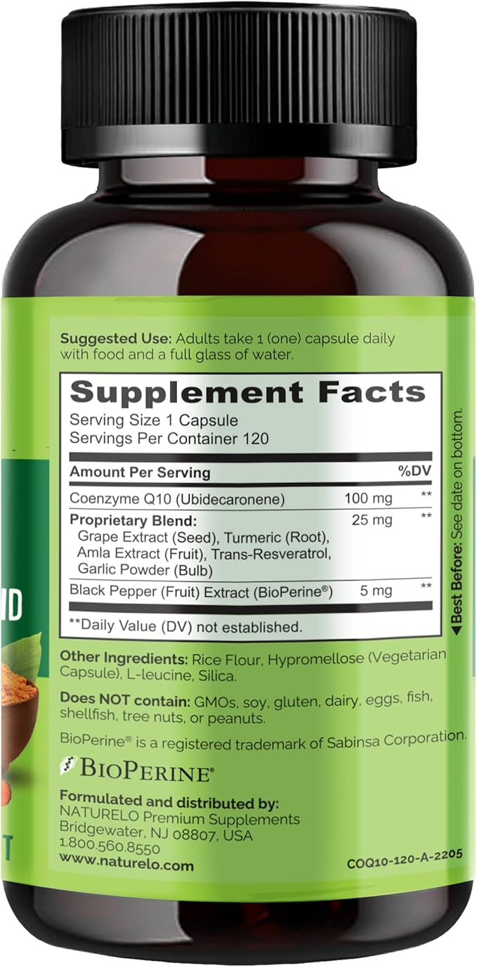 NATURELO Whole Food CoQ10 Supplement 120 Veg Capsules Heart Health Blend Powerful Antioxidant CoQ10 100mg Supports Energy Production