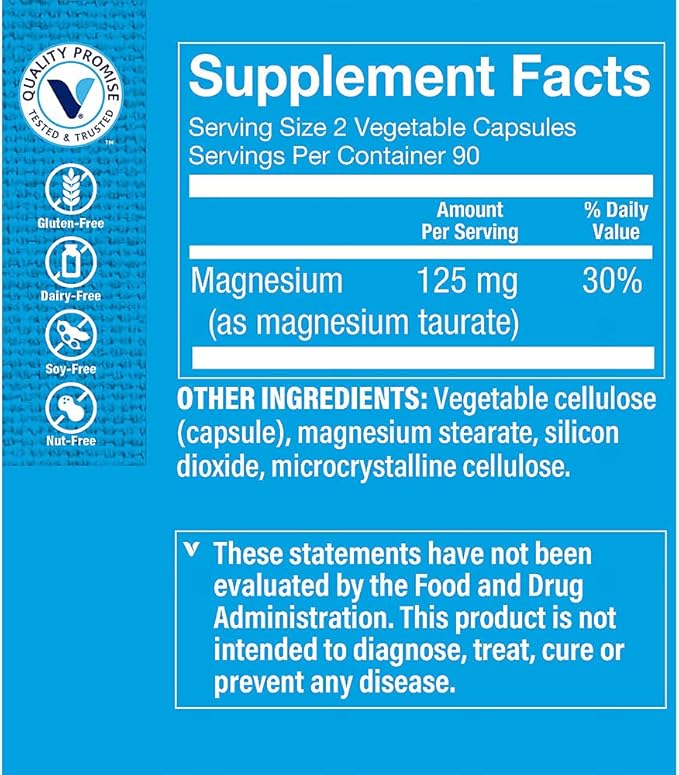 The Vitamin Shoppe Magnesium Taurate 125mg - Heart Health &amp Muscle Relaxation | Energy Production | 180 Veggie Caps | Cardiovascular