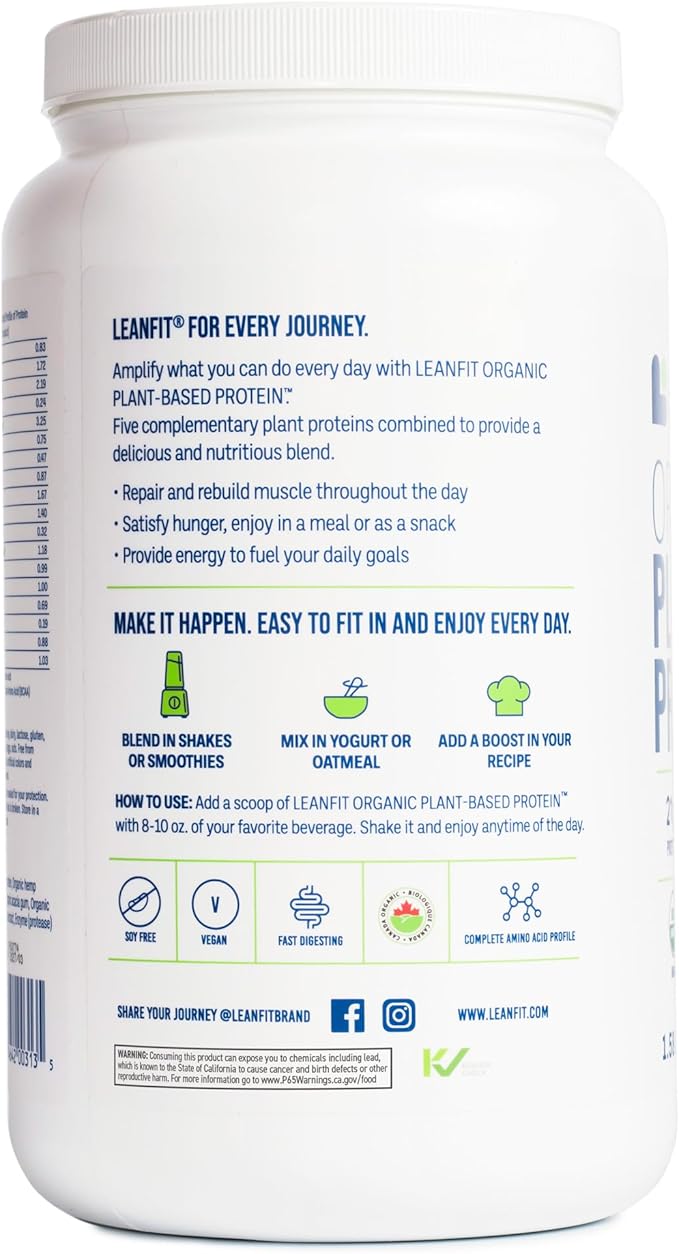 LeanFit Organic Plant-Based Protein Powder Natural Chocolate Flavor - Vegan USDA Organic Certified Soy-Free Gluten-Free Dairy-Free Sugar-Free Non-GMO - 21g Protein 18 Servings 1.58 Pound Tub