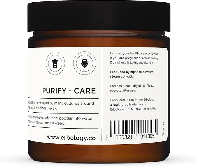 Erbology Activated Charcoal Powder 1.8 oz - Teeth Whitening - Add to Face Masks Toothpaste and Body Wraps for Natural Exfoliation - Natural Digestive Aid - Vegan - Recyclable Glass Jar