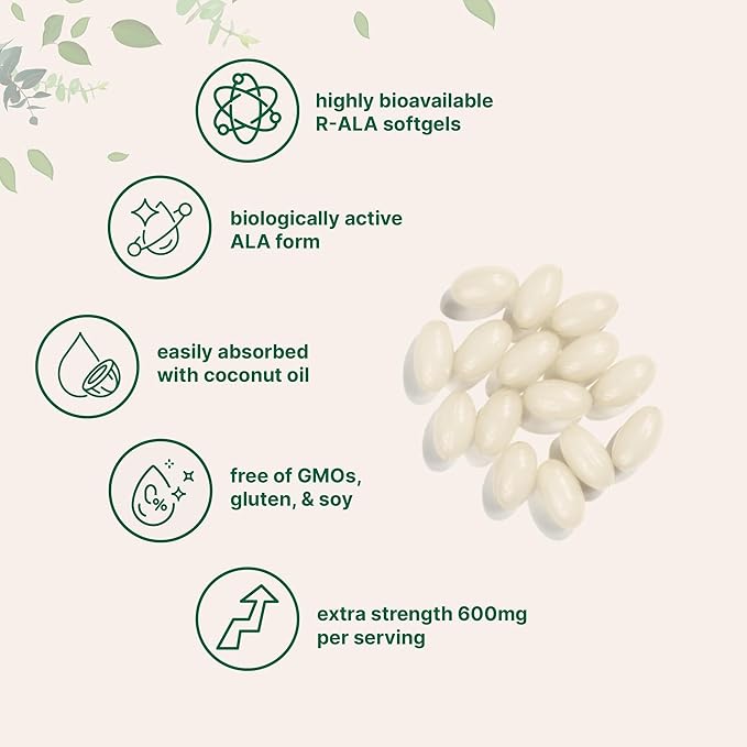 R Alpha Lipoic Acid 600mg with Coconut Oil 120 Softgels | Highly Bioavailable Active Form | ALA Supplement for Antioxidants Nerve Heart &amp Liver Support | Non-GMO Gluten Free No Soy