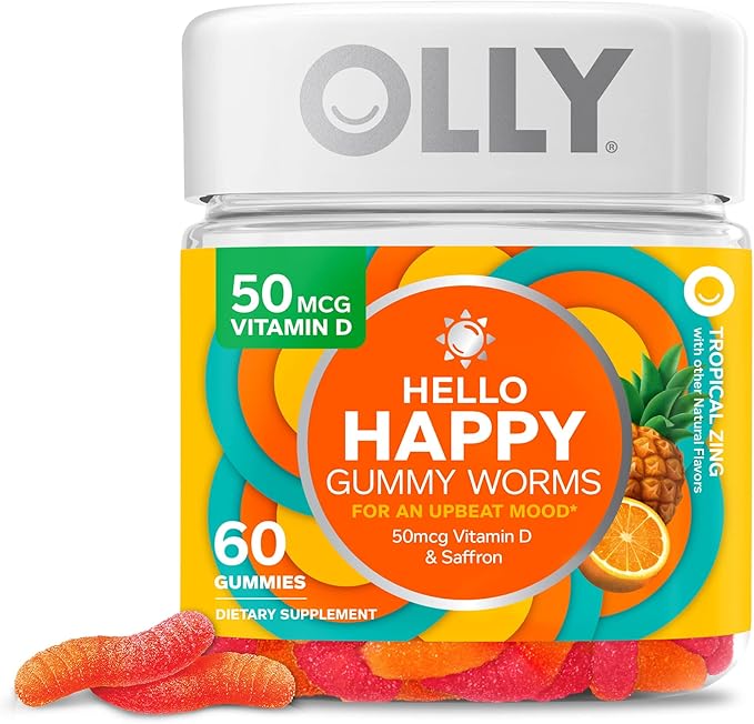 OLLY Metabolism Gummy Rings Apple Cider Vinegar Vitamin B12 Chromium Energy and Digestive Health Chewable Supplement Apple Flavor - 30 Count and OLLY Hello Happy Gummy Worms Mood Balance Suppor