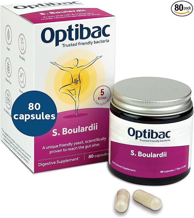Optibac Saccharomyces Boulardii 80 Capsules | 5 Billion Live Cultures per Serving | Probiotic Yeast Supplement with S. Boulardii | Vegan Gluten Free &amp Shelf Stable | For Gut Flora &amp Digestive