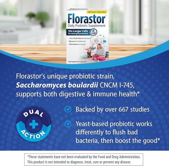 Florastor Family Probiotic Bundle - 100 ct. Probiotic for Digestive &amp Immune Health for Men &amp Women + 20 ct. Kids Daily Probiotic Unflavored Powder Sticks - Boost Good Bacteria &amp Flush Ou