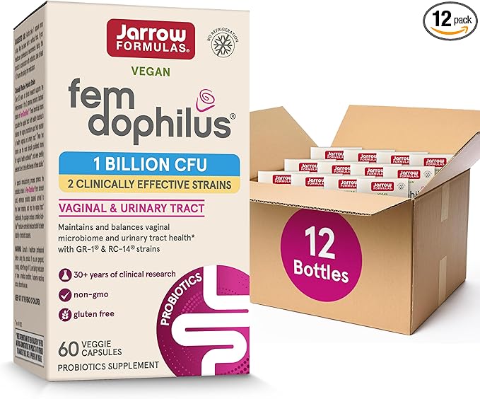 Jarrow Formulas Fem-Dophilus Probiotics 1 Billion CFU with 2 Science-Backed Strains Dietary Suppl for Vaginal and Urinary Tract Supp60 Veggie CapsUp to a 60 Day Supply Shelf-Stable12 Packs