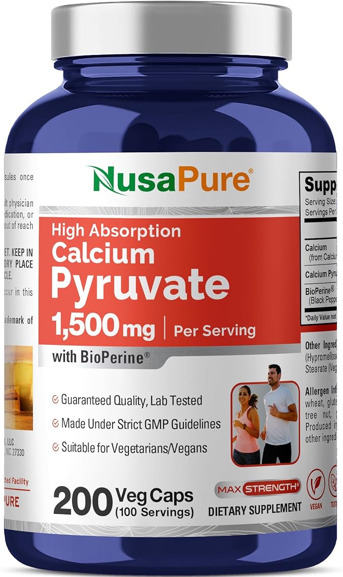 NusaPure Calcium Pyruvate - Suitable for Vegetarian/Vegan Non - GMO - 1500 mg - 200 Capsules