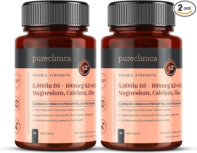 pureclinica Double Strength D3 + K2 Complex x 180 Vegan Softgels (2 Bottles of 90) – 5000 IU D3 + 100mcg K2 with Magnesium Calcium &amp Zinc – 6 Months Supply