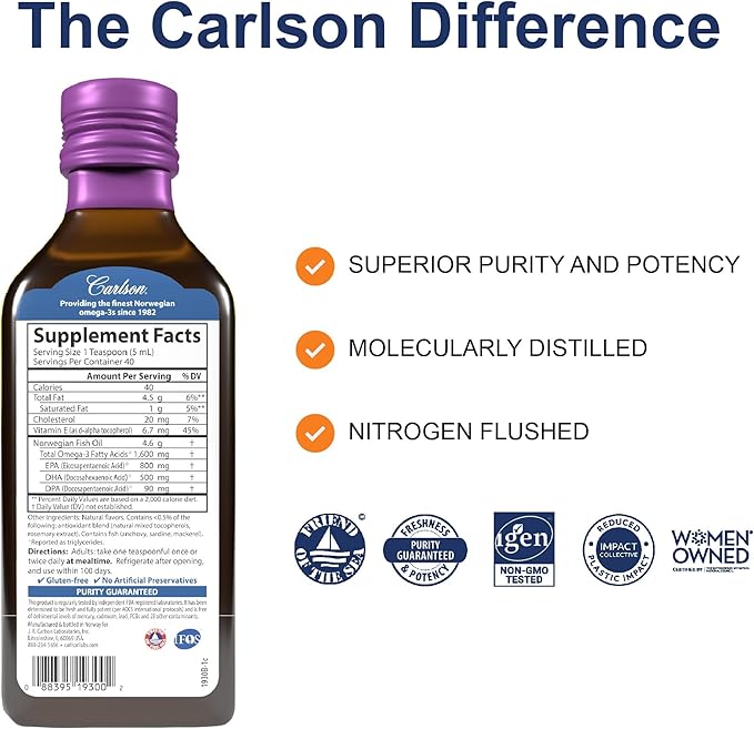 Carlson - The Very Finest Fish Oil 1600 mg Omega-3s Fatty Acids EPA DHA &amp DPA Liquid Fish Oil Supplement Norwegian Wild-Caught Sustainably Sourced Mixed Berry 200 mL (6.7 Fl Oz)