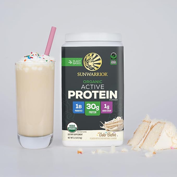 Sunwarrior Organic Plant Based Protein Powder | Vegan Organic Protein Powder with BCAA Amino Acids Plus Recovery Minerals &amp Botanicals | Non-GMO Soy Dairy &amp Gluten Free (Cake Batter 20 Servin