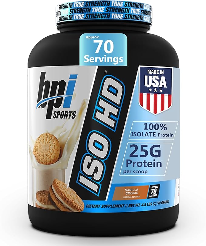 BPI Sports ISO HD Isolate Protein Powder – 100% Whey Isolate Protein Powder for Muscle Gain - Vanilla Cookie 4.8 LBS - 70 Servings