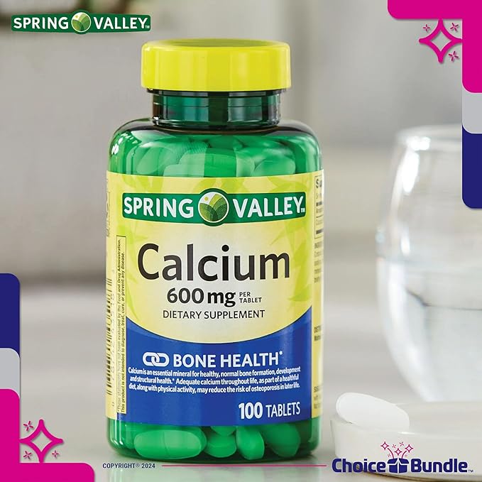 Choice Bundle Spring Valley Calcium Bone Health Dietary Supplement Tablets 600 mg 100 Ct 4 pk (400 Total) + Vitamin Guide &amp Pill Container (6 Items)!