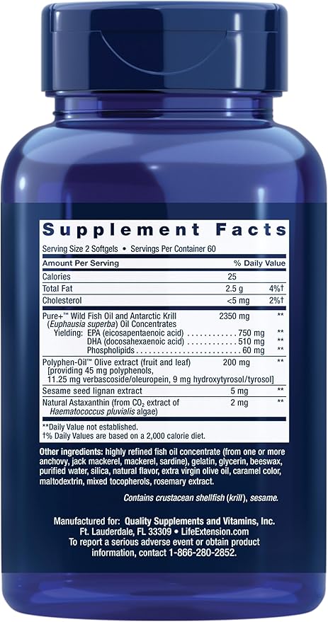 Life Extension Super Omega-3 Plus EPA/DHA Fish Oil Sesame Lignans Olive Extract Krill &amp Astaxanthin - Heart Brain &amp Joint Health Support - Gluten-Free Non-GMO - 120 Softgels