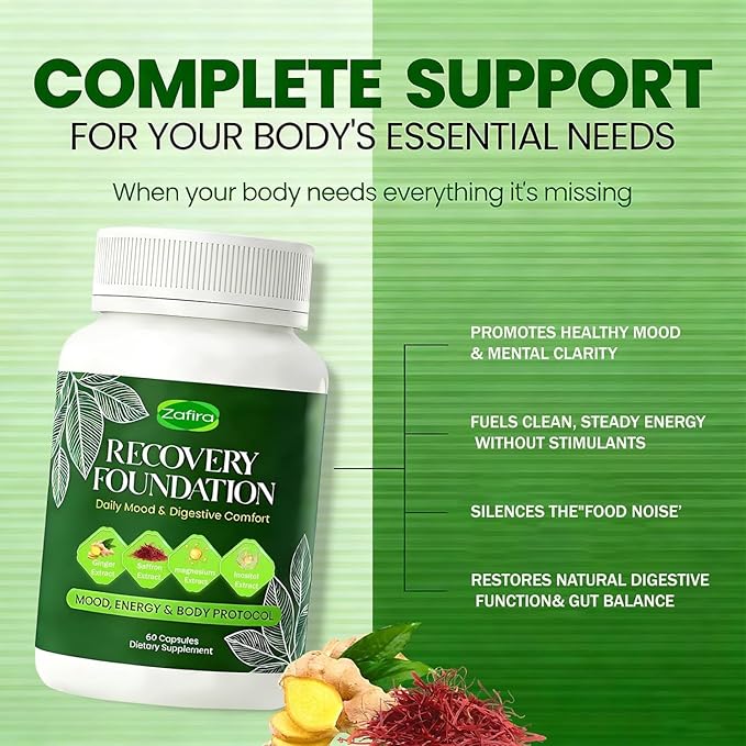 Zafira Recovery Foundation Capsules – Targets Mental Fog Stop Hair Loss &amp Fix Digestion | Non-GMO Saffron &amp Inositol Formula for Stress Relief – 60 Count