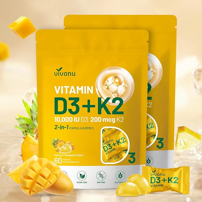 Vitamin D3 K2 Gummies D3 10000 IU &amp MK7-200 mcg 2 in 1 Vitamins D &amp K Complex | Vitamina D3 con K2 | Supports Calcium Absorption Bone Immune &amp Heart Health Easy to Carry and use (120