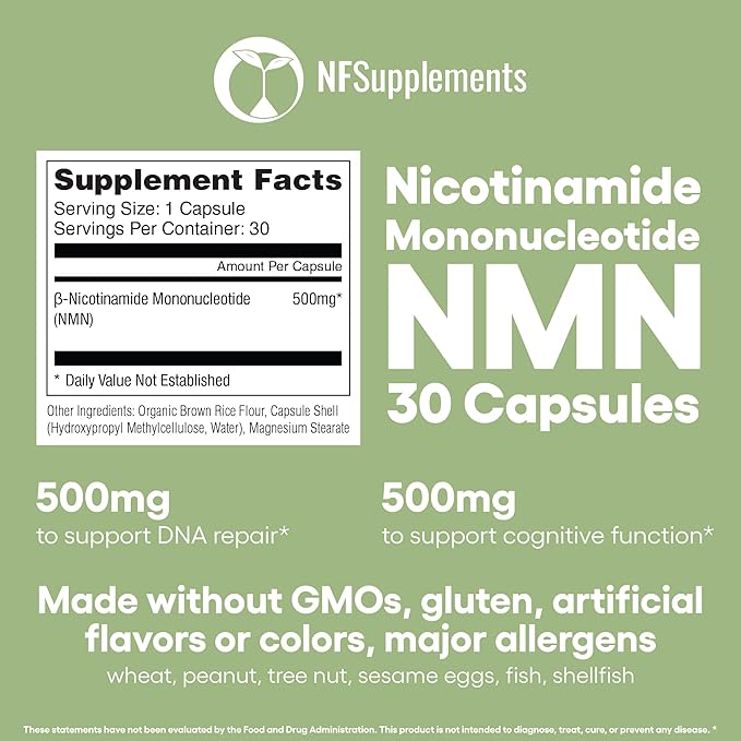NMN 500mg Capsules 99.3% Purity | Nicotinamide Mononucleotide 30 Servings | Supports DNA Repair &amp Cognitive Function | Vegetarian Friendly Gluten Free Non-GMO 3rd Party Tested (30 Capsules NMN)