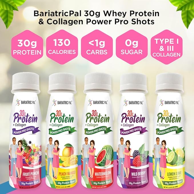 BariatricPal 30g Whey Protein &amp Collagen Sugar-Free Power Pro Shots - Lemon Lime (6 Bottles)