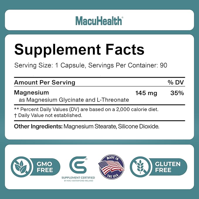 MacuHealth Magnesium Glycinate &amp L-Threonate 145mg - 90 Capsules - Highly Absorbable Magnesium for Energy Calm &amp Focus - Gentle on Stomach Vegan Non-GMO - Premium Chelated Magnesium Supplem