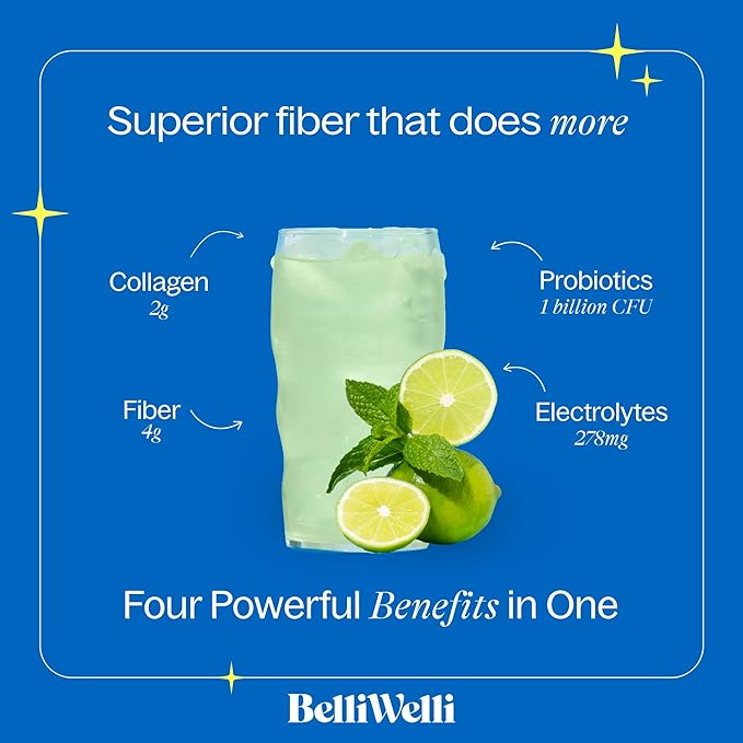 Belli Welli Daily Fiber Supplement Duo - Strawberry Lemonade &amp Cucumber Lime Mint - with Collagen Probiotics &amp Electrolytes - Refreshing Flavors for Balanced Wellness - 32 Total Servings