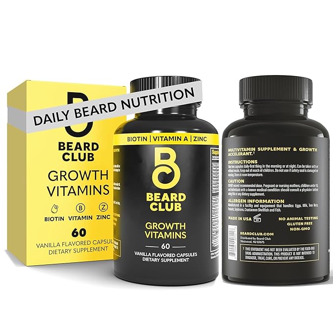 The Beard Club - Biotin Beard Growth Vitamins - Support A Thicker Fuller Beard Fill in Patches - Minerals &amp Multi-Vitamins Help Support and Stimulate Healthier Facial Hair Growth