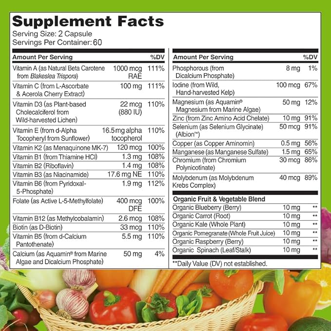 All Natural Multivitamins &amp Minerals + B Complex + Calcium + Magnesium + Zinc 100% Vegan Sourced Whole Food Supplement Complete Nutritional Support for Men &amp Women 2 Month Supply 120 Softg