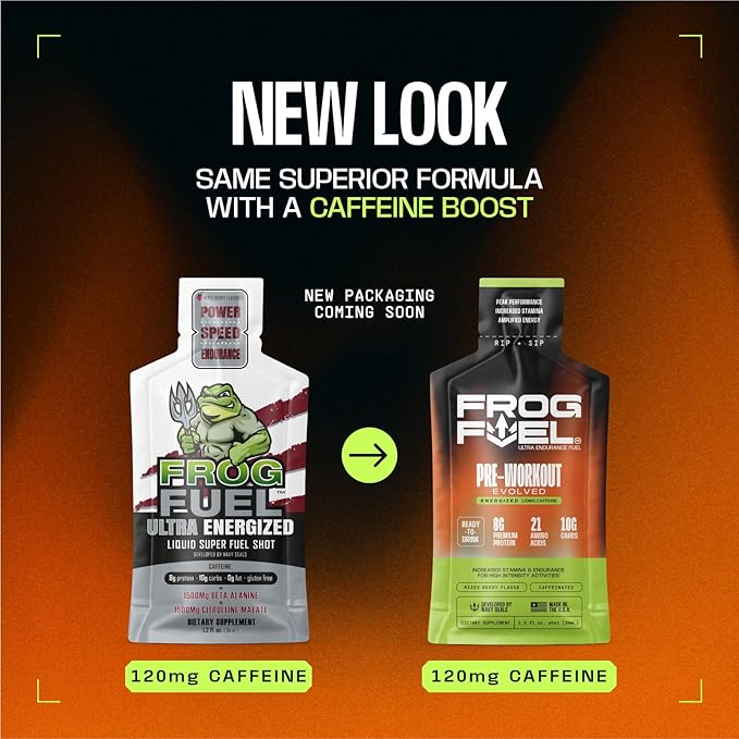 Frog Fuel Ultra Energy Gel &amp Energized Pre Workout Shot with 120mg Caffeine 1500mg Beta Alanine Electrolytes 8g Protein Nano-Hydrolyzed Grass Fed Collagen 10g Carbs Berry 1.2 oz Packets 24 P