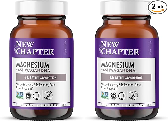 New Chapter Magnesium + Ashwagandha Supplement 325 mg with Magnesium Glycinate for Muscle Relaxation &amp Recovery Heart Nerve &amp Bone Health 2.5X AbsorptionNon-GMO-90 ct (3 Month Supply)(Pa
