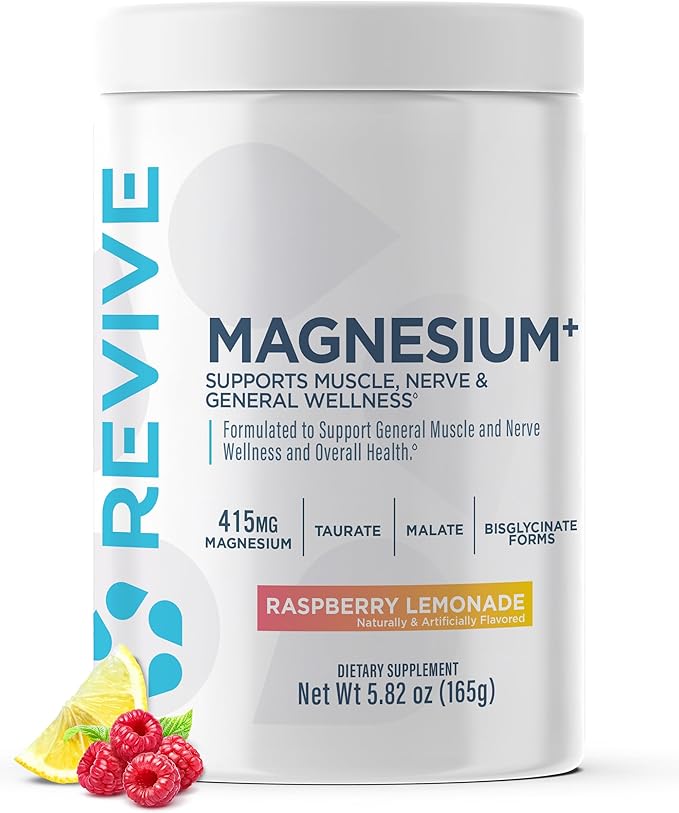 Revive MD Magnesium Powder Supplement - Magnesium Carbonate &amp Taurate Powder Drink Supports Healthy Bones Muscles &amp Nerves - Vegan-Friendly Gluten-Free &amp Soy-Free (Raspberry Lemonade 3