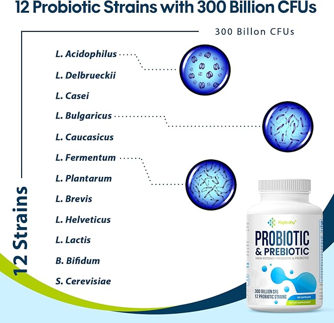 Probiotics for Women &amp Men 300 Billion CFU Probiotics from 12 Strains + Organic Prebiotics Blend for Daily Digestive Immune Gut Bloating Gut Health for Women &amp Men Shelf Stable - 180 Cap