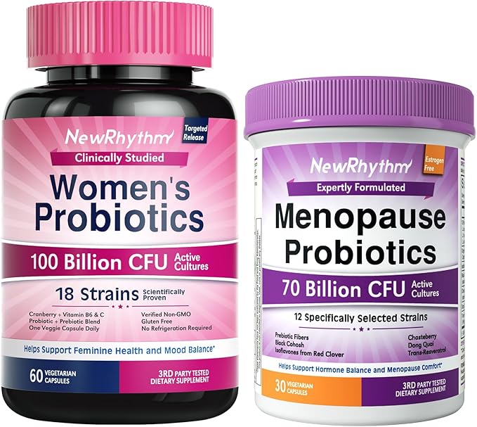 NewRhythm Women's Premium Bundle: Vaginal Health with P-5-P &amp Vitamin C + Menopause Relief with Botanicals 18 Strains 90 Capsules