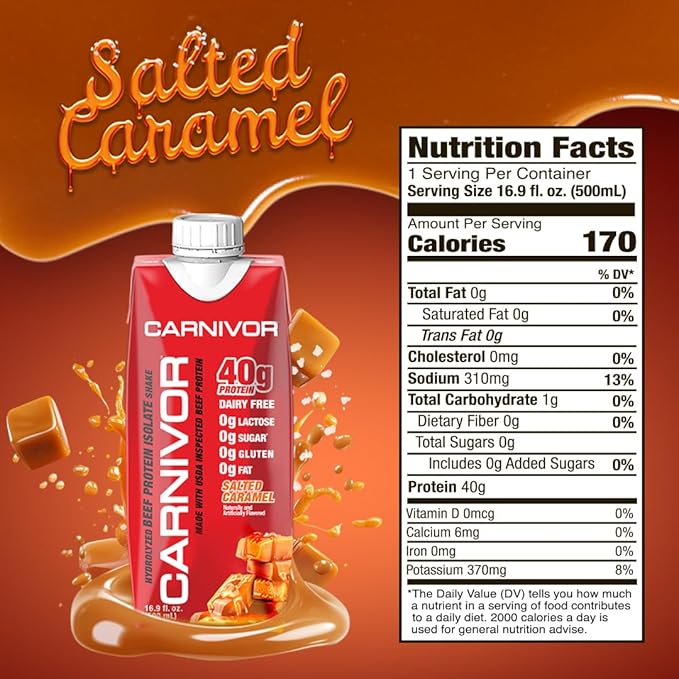MuscleMeds Carnivor RTD Ready to Drink Protein Lactose Free Sugar Free 40g Isolate Protein Muscle Building Recovery Halal Certified Salted Caramel 16.9 Fl Oz (Pack of 12)