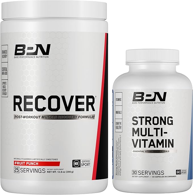 BARE PERFORMANCE NUTRITION BPN Strong Multi-Vitamin 30 Day Supply + Recover Post-Workout Muscle Recovery Drink Mix – Fruit Punch 25 Servings | Foundational Health + Post-Workout Recovery Bundle