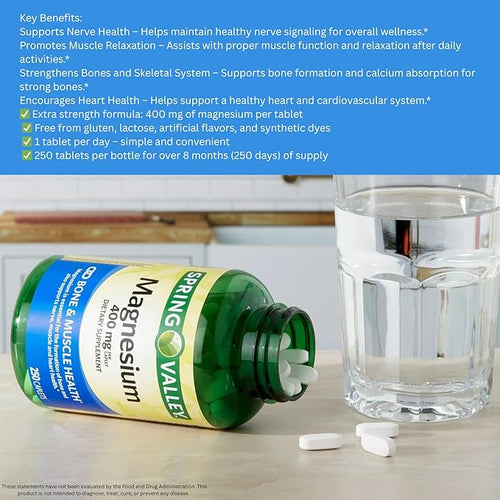 250 Count SPR -ing Valle Extra Strength Magnesium Oxide 400 mg – Over 8 Months of Supply (250 Days) + Vitamin Guide Included Muscle &amp Bone Health