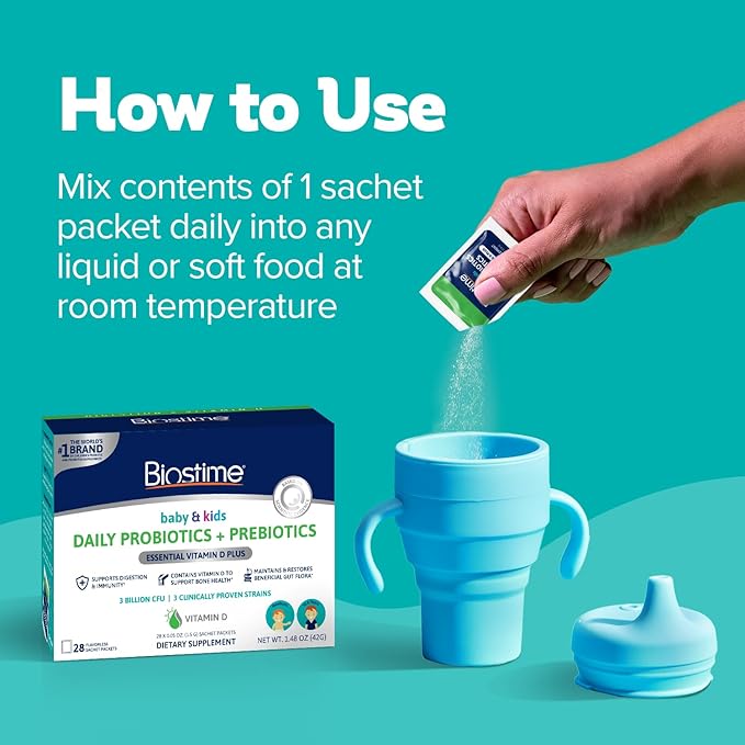 Biostime Infant Baby Toddler Kids Probiotic &amp Prebiotic with Vitamin D | Baby Probiotic Powder | Kids Immune Support | Constipation Relief for Babies * | Supports Digestion Gas Relief | 28 Packet
