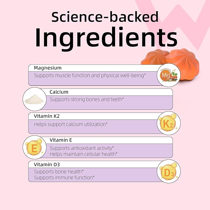 Wondermoon Vitamin D3 K2 Gummies for Women with Calcium &amp Magnesium – Supports Bone Teeth &amp Muscle Function – Daily Wellness Support – Orange Flavor 60 Count