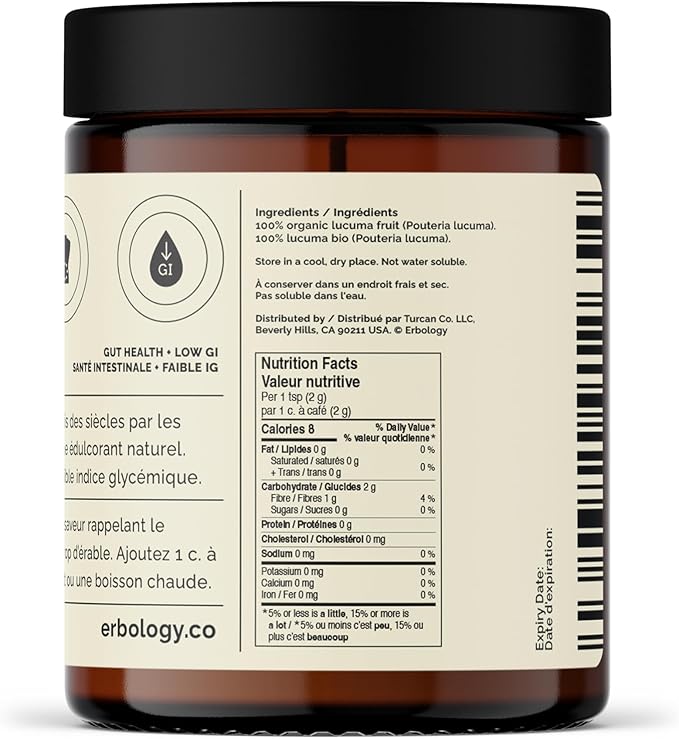 Erbology Organic Lucuma Powder 3.2 oz - 45 Servings - Gut Health Support - Low Glycemic Index - Sustainably Sourced Straight from Farm in Peru - Small Batch - Vegan - GMO-Free