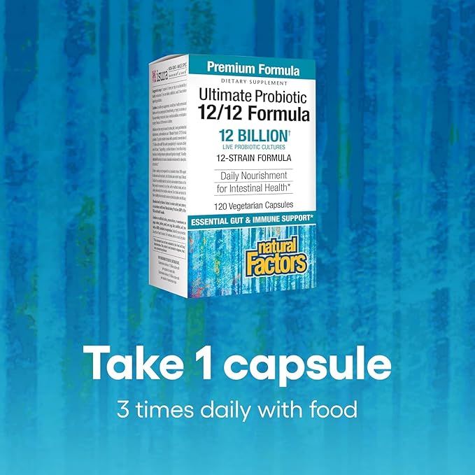 Natural Factors Ultimate Probiotic 12/12 Formula - Digestive Health Support Supplement with Probiotics - Immunity &amp Gut Health Support Supplement - 120 Vegetarian Capsules (120 Servings)